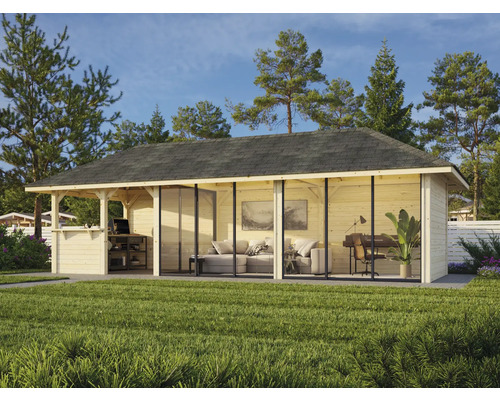 Modernt trädgårdshus med altan, soffa, skrivbord och utomhusbar.