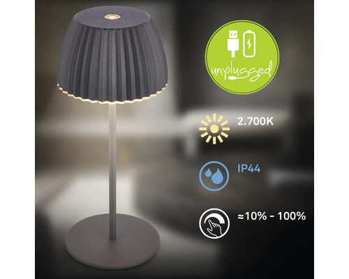 Bordslampa med batteri, skyddsklass IP44 och dimfunktion