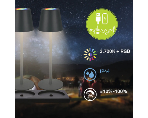 Två bordslampor med RGB-funktion, ljusfärg 2700 Kelvin, skyddsklass IP44 och pekfunktion för utomhusbruk