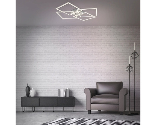 Vardagsrum med modern taklampa med kvadratiska former