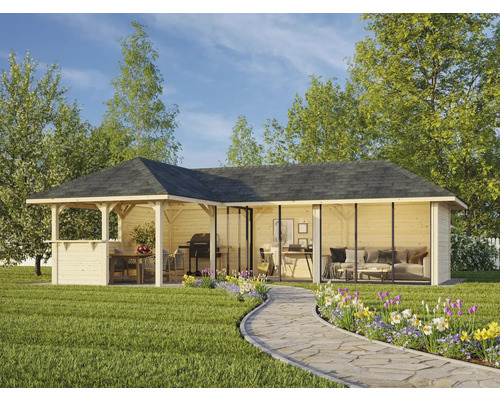 Trädgårdshus med grillplats, sittgrupp och vardagsrum i ljus design.