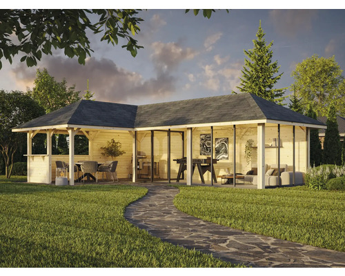 Stort trädgårdspaviljong i trä med möbler och grillplats i trädgården