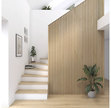 Ljust rum med trappa, träpanelvägg och krukväxter