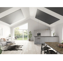 Ljust vardagsrum med öppet kök, takpaneler och stora fönster