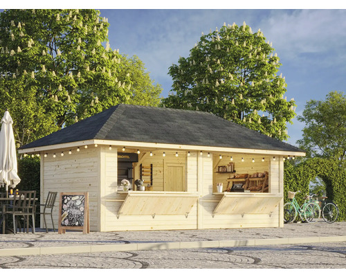 Försäljningsstånd i trä med tak, belysning och försäljningsluckor utomhus