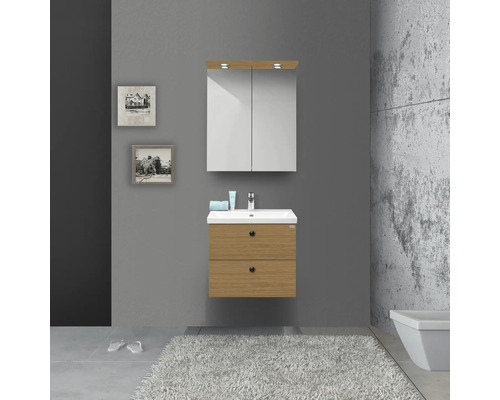 Modernt badrum med tvättställsskåp, spegelskåp och väggbilder