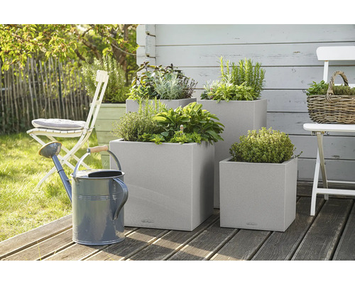 Tre kvadratiska planteringslådor med örter och en vattenkanna i trädgården