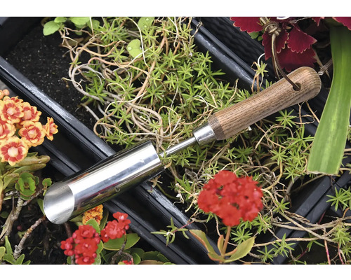 Planteringsborr av metall med trähandtag bland växter