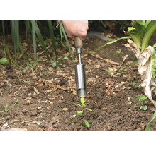 Person som planterar en planta i marken med en planteringspinne.