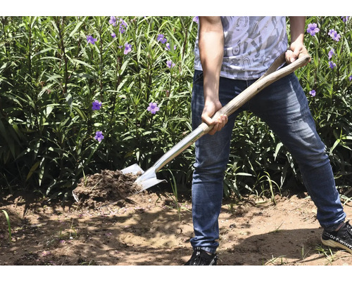 Person med spade i trädgården som vänder jord