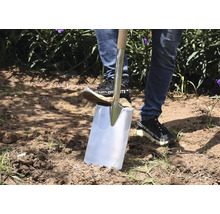 En person använder en spade med trähandtag i trädgården för att gräva jord.