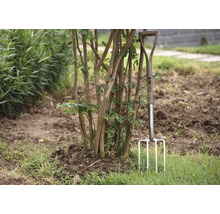 Trädgårdsgrep i stål med trähandtag står i trädgården bredvid en buske.