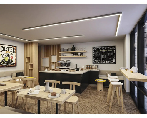 Interiör av ett café med bord, stolar, bardisk och belysning