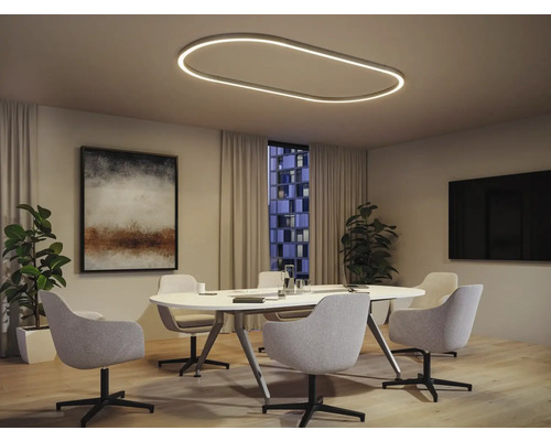 Konferensrum med oval taklampa, konferensbord, stolar och konstverk på väggen.