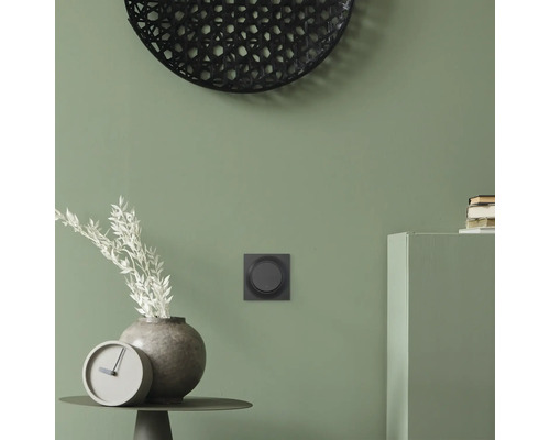 Rumsbild med dimmer på väggen, bord med klocka och dekorationer.