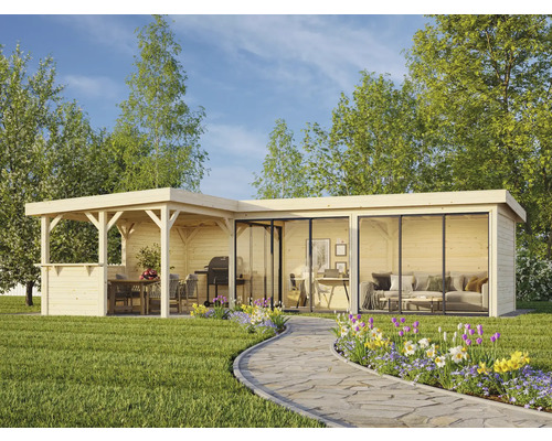 Trädgårdshus med grillplats och vardagsrum i trädgården.