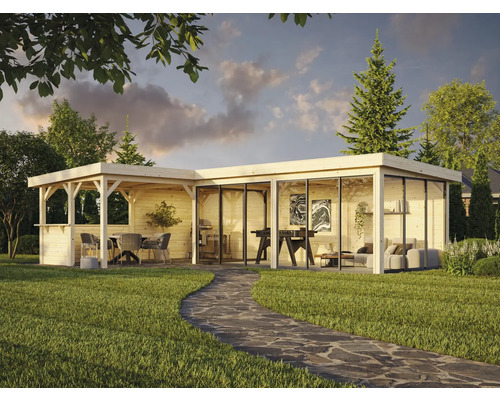 Ljust trädgårdshus med terrass, möbler och glasfronter på gräsmatta