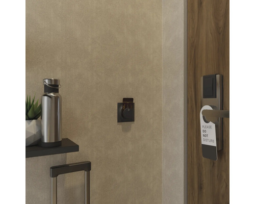 Scen av ett hotellrum med en vridströmbrytare bredvid en flaska, en resväska och en dörrhängare.