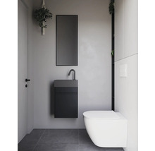 Modernt badrum med toalett, handfat, spegel och hängande växt