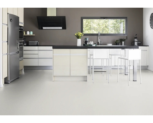 Modernt kök med köksö, kylskåp, fläkt och fönster