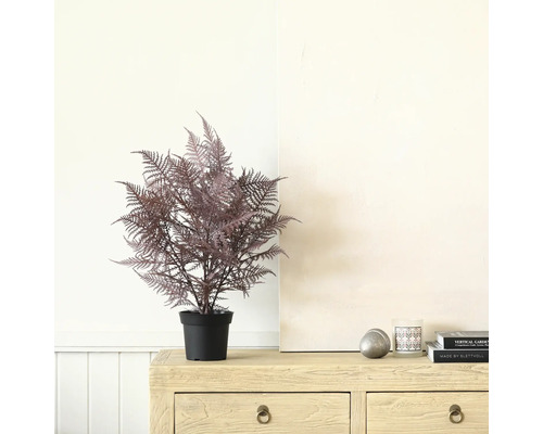 Konstgjord ormbunke i en svart kruka på en träbyrå