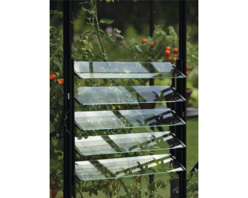 Växthusfönster med lameller för ventilation i trädgården.