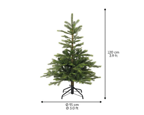 Konstgjord julgran med en höjd på 120 cm och en diameter på 91 cm.