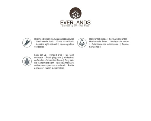 Everlands julgrans funktioner: verkligt nålutseende, horisontell form, enkel installation och gångjärnsträd