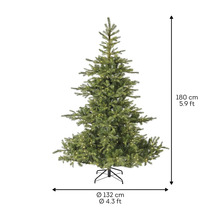 Konstgjord julgran med en höjd av 180 cm och en diameter av 132 cm.