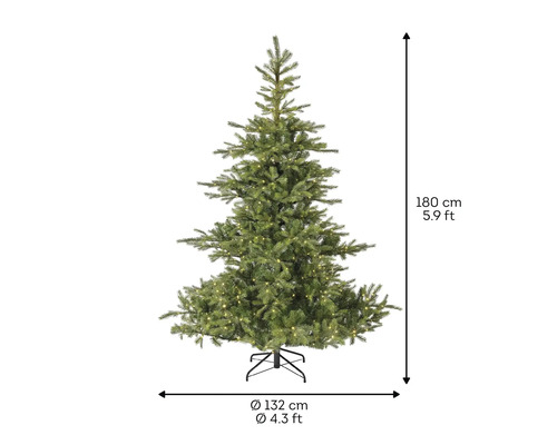 Konstgjord julgran med en höjd av 180 cm och en diameter av 132 cm.