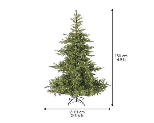 Konstgjord julgran, 150 cm hög, med LED-lampor och fot
