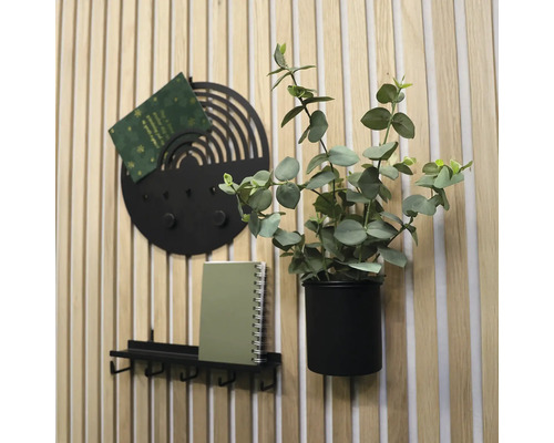 Väggdekoration med kroklist, memohållare och krukväxt