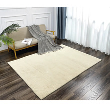 Beige matta i ett ljust vardagsrum med soffa och gardiner