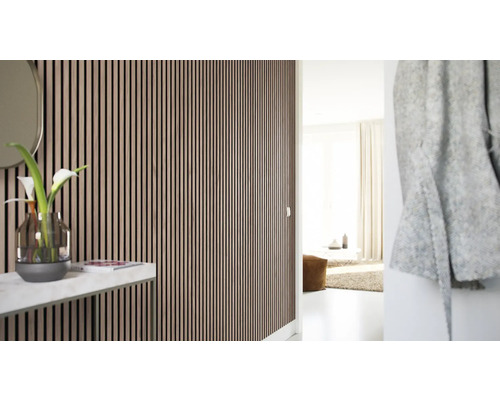 Interiörbild av en modern designad hall med väggpaneler som skapar en stilfull och akustiskt optimerad atmosfär.