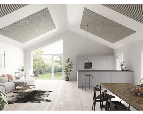 Ljust vardagsrum med öppet kök, takpaneler, sittgrupp och matplats