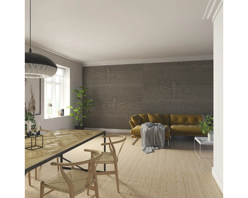 Vardagsrum med matbord, stolar, soffa och väggpaneler