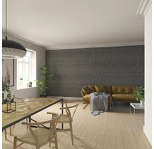 Vardagsrum med matbord, stolar, soffa och väggpaneler