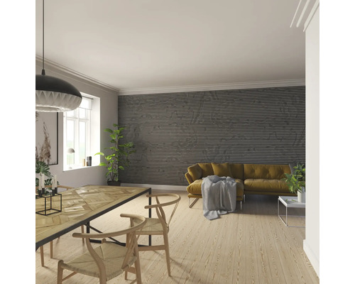 Vardagsrum med matbord, stolar, soffa och väggpaneler