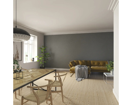 Vardagsrum med matbord, stolar, soffa och väggpaneler för en modern boendemiljö.