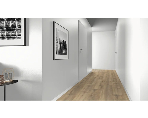 Ljus hall med laminatgolv, dörrar och väggbilder