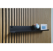 Vägghylla med jordglob och fotoram på träpanelvägg