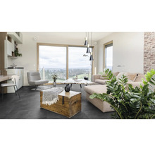 Vardagsrum med soffa, fåtölj, bord och trälåda på mörkt golv