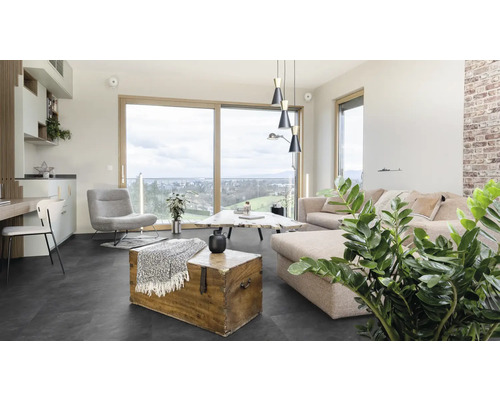 Vardagsrum med soffa, fåtölj, bord och trälåda på mörkt golv