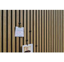 Väggpanel i trä med anteckningar och foto