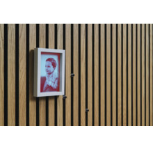 Väggpaneler med trästruktur och en fotoram fäst på den