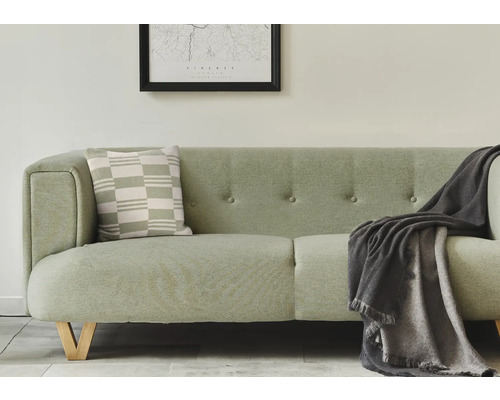 Ljus soffa med kudde och filt i vardagsrummet