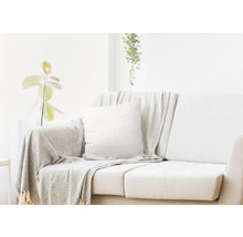 Ljust vardagsrum med soffa, kudde och pläd