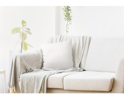 Ljust vardagsrum med soffa, kudde och pläd