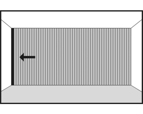 Illustration av ett skjutdörrssystem i trä med en pil som visar skjutriktningen
