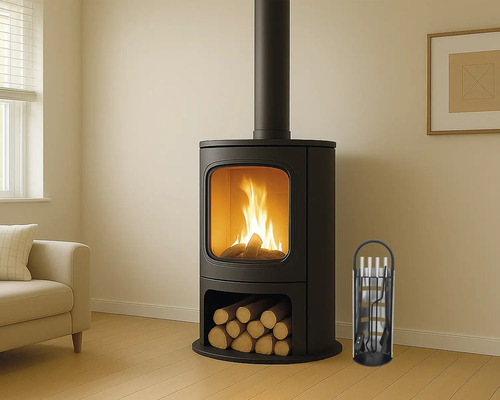 Vardagsrum med vedeldad kamin, ved och eldställ